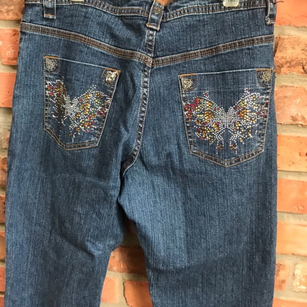 RVT Vintage Y2K Crystal Embellished Flare Boot Jeas Butterfly Zip Straight Leg 9